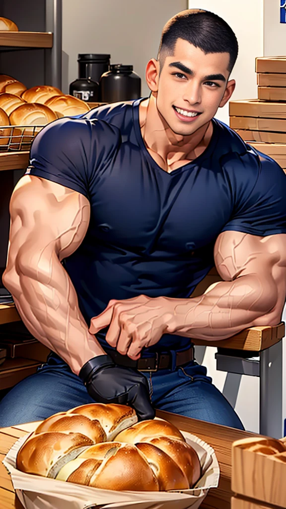 (handsome Man sitting on table eating bread ),(crew cut short hair:1.8),black eye,(Wear a fitted round neck t-shirt in navy with a police badge.:1.5),(fit neck),Navy blue jeans,(black_gloves:1.2), Korean guy,chest muscles,large arm muscles,blood vessel,Big muscles,Broad shoulders, (open mouth:1.2),(face up:1.2),(open eyes:1.5), middle of the road,smile, In the bread shop,