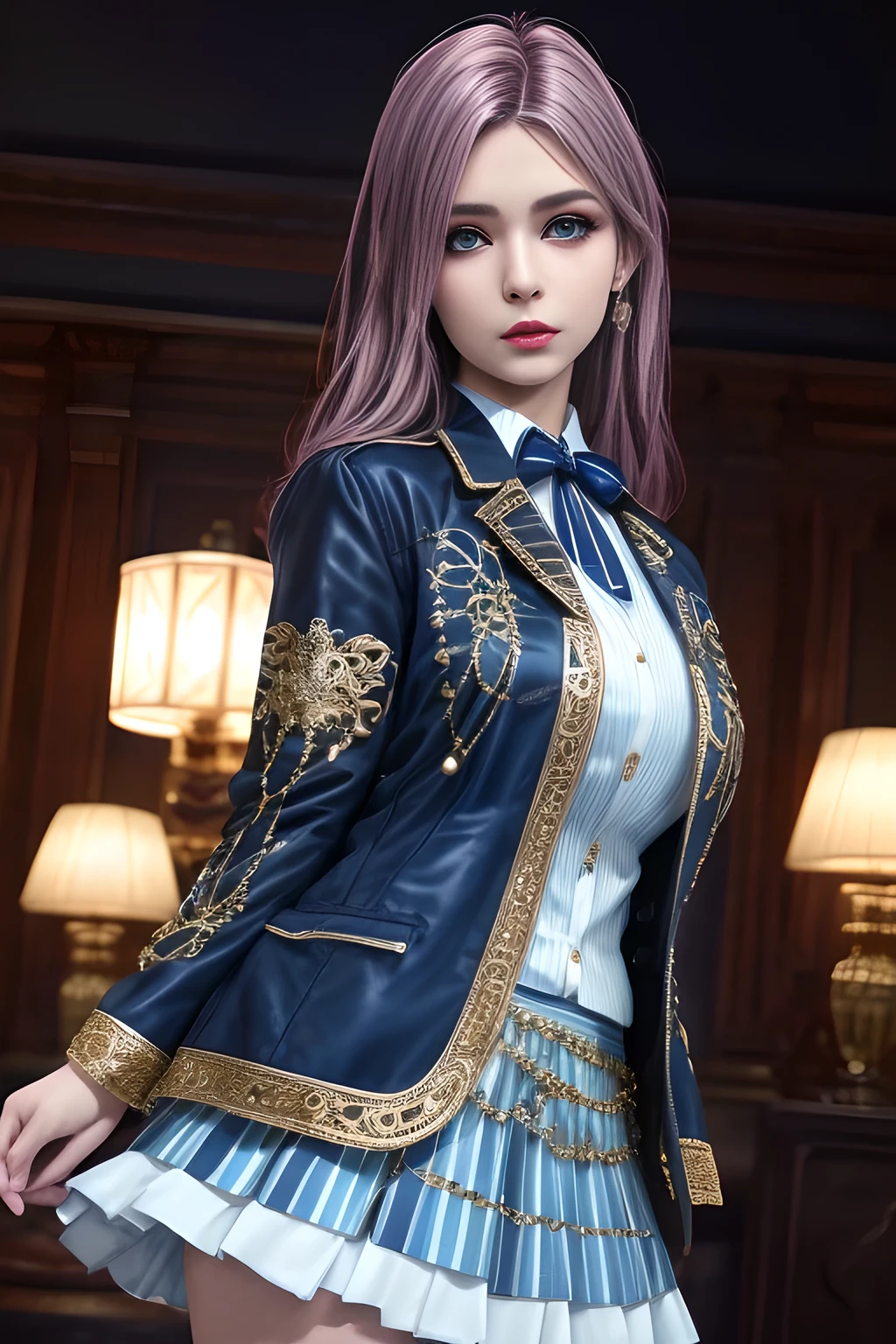 1girl,The upper body is a dark blue short-sleeved suit jacket, paired with a white shirt and a black tie. The jacket is decorated with white stripes, which adds a sense of fashion and layering. The lower body is a dark blue skirt that matches the jacket, ,beautiful detailed eyes, beautiful detailed lips, extremely detailed eyes and face, long eyelashes, best quality, 4k, 8k, highres, masterpiece, ultra-detailed, realistic, photorealistic, photo-realistic, ethereal glow, regal elegance, intricate details, luxurious, otherworldly beauty, dark atmospheric background, supernatural aura, elise,