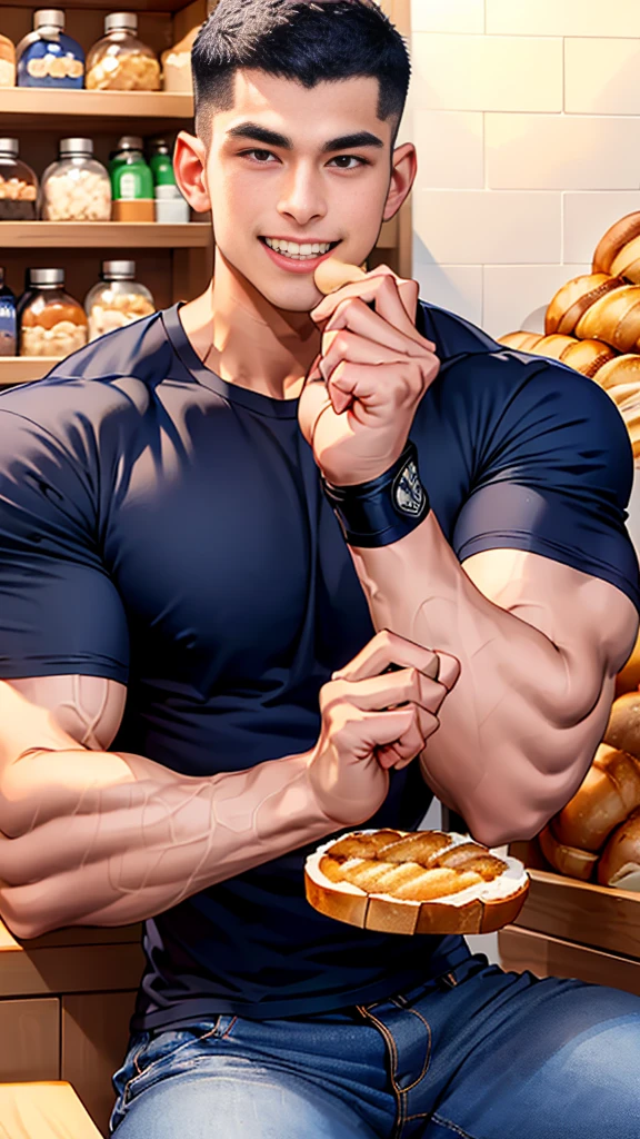 อ(NSFW: 1.5), (handsome Man sleep on table eating bread ),(crew cut short hair:1.8),black eye,(Wear a fitted round neck t-shirt in navy with a police badge.:1.5),(fit neck),Navy blue jeans,(black_gloves:1.2), Korean guy,chest muscles,large arm muscles,blood vessel,Big muscles,Broad shoulders, (open mouth:1.2),(face up:1.2),(close eyes:1.5), middle of the road,smile, In the bread shop, ( Cum:1.8), (genital very long: 1.6), genital very Big, (Big testicles), (Erection of the penis: 1.6), ((very big, very long penis)), masturbate, hold your hand on your penis, (semen) , (Cum in bread:1.8)