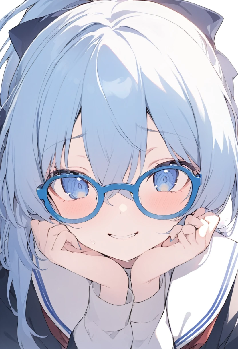 Blue Glasses Light blue hair girl ponytail Laughter Middle school students Mostly faces Face close-up Highest quality 傑作 Blue Glasses Blue Glasses 1 female