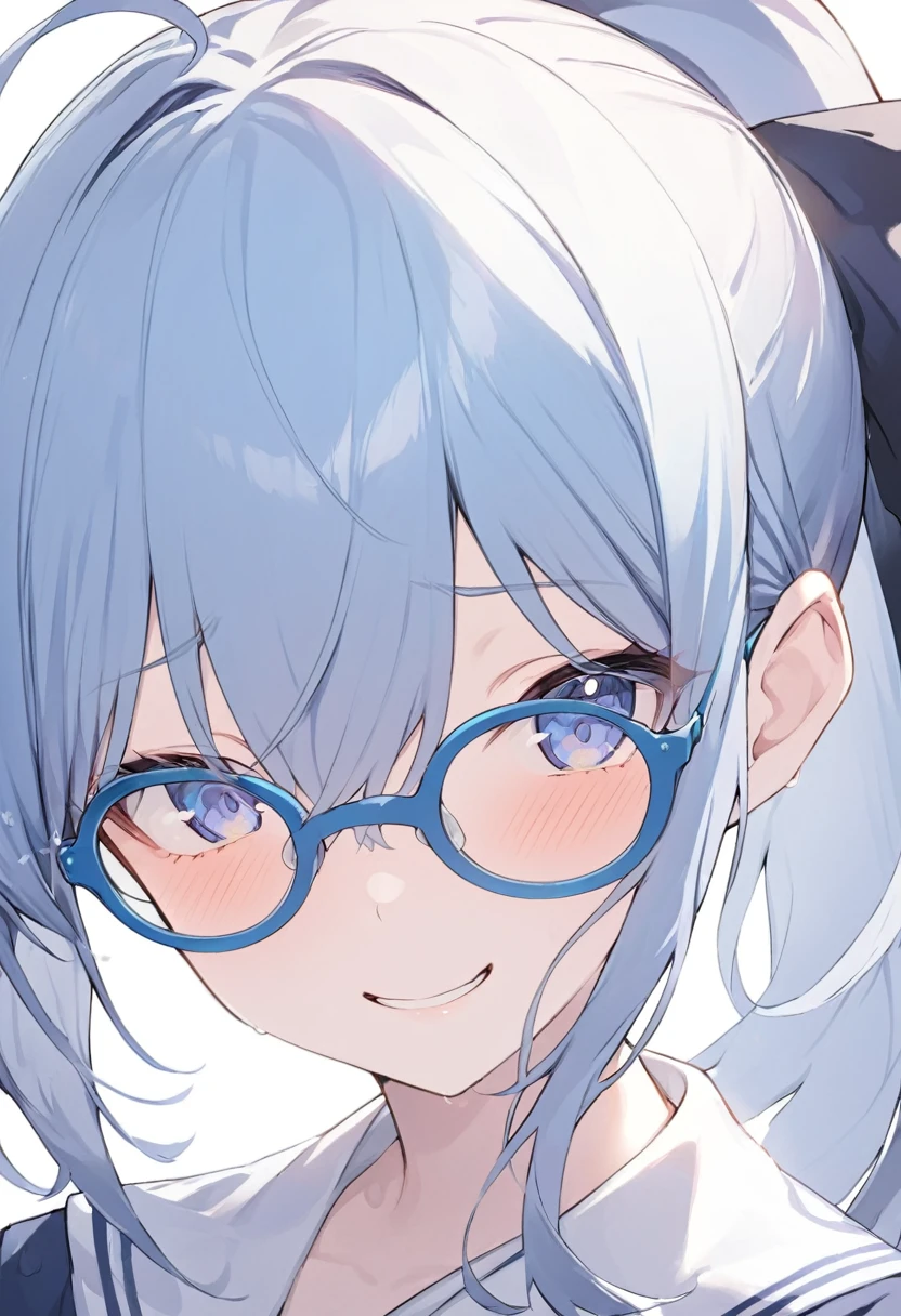 Blue Glasses　Light blue hair　girl　ponytail　Laughter　　Mostly faces　　Face close-up　Highest quality　傑作 Blue Glasses　Blue Glasses　1 female