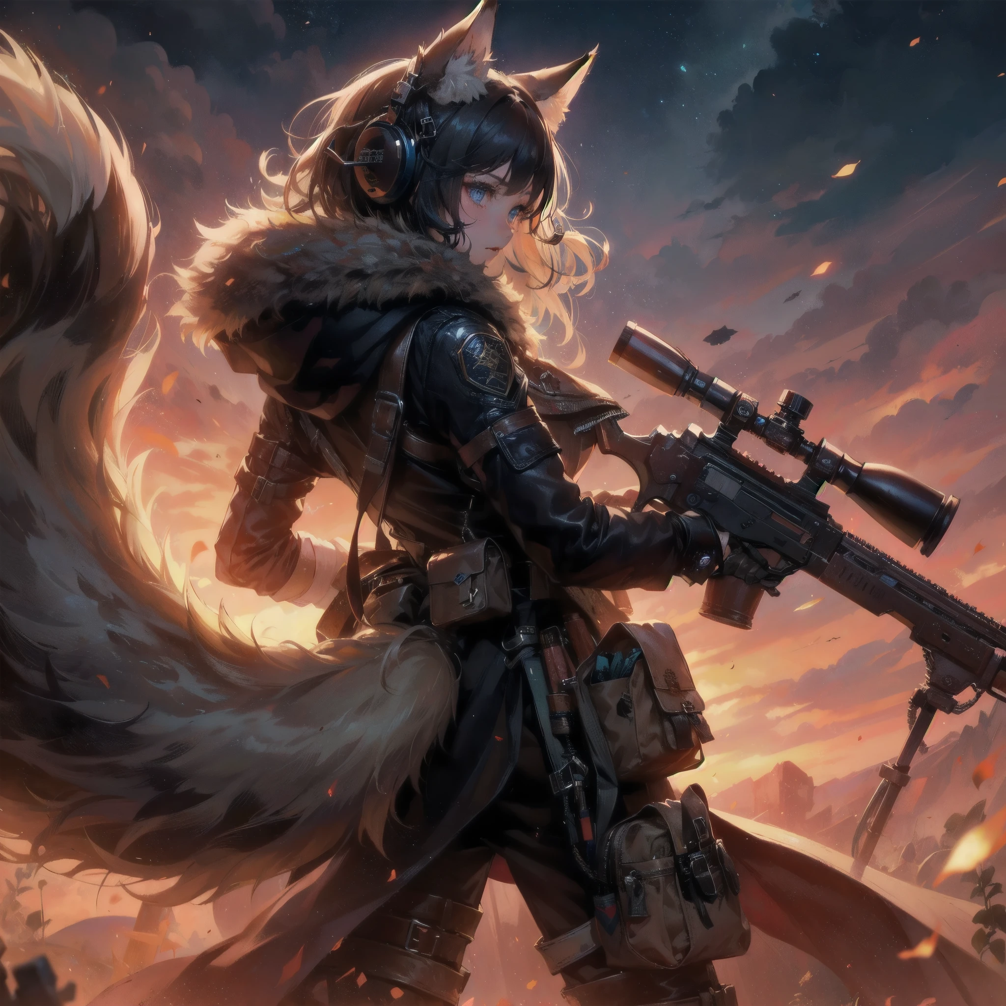 A fantasy Wasteland battles hand-in-hand through a wasteland full of pitfalls. The camera zooms in on the girl, capturing her determination. The cool girl, with wolf ears,wolf tail,  wears thin leather armor and dark cloak. As the zoom progresses, the focus shifts to her hands, highlighting the worn and weathered textures that symbolize her journey and the hardships she has endured. This message is realized in a mixed-media sculptural style, combining elements of metalwork and textile art to represent the characters and their resilience in three-dimensional form.