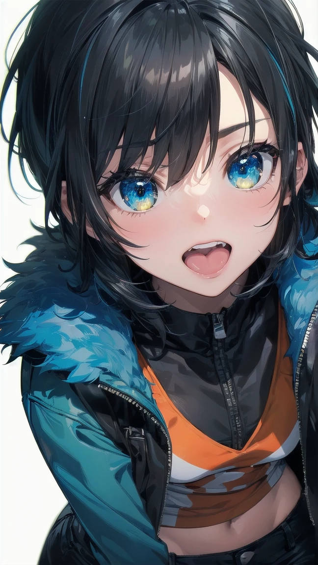 Close-up of a cartoon girl with blue hair and a yellow shirt, 2D Animation, 2D Animation style, 2D Art, 2D Art, 2D from Gorillaz, 2D from Gorillaz, 2D Gorillaz, Screaming Cerket, 2D Sprites, Jinx Face, short hair, Small breasts, hot pants, ((Black Hair, Bright blue fur inside:1.4))