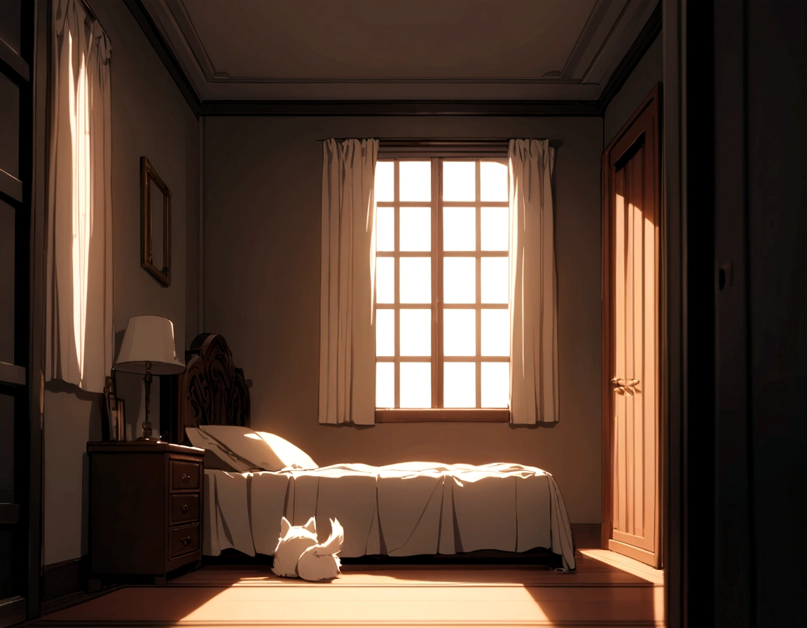 small white dog wagging tail sitting on the floor, next to bed, inside a room