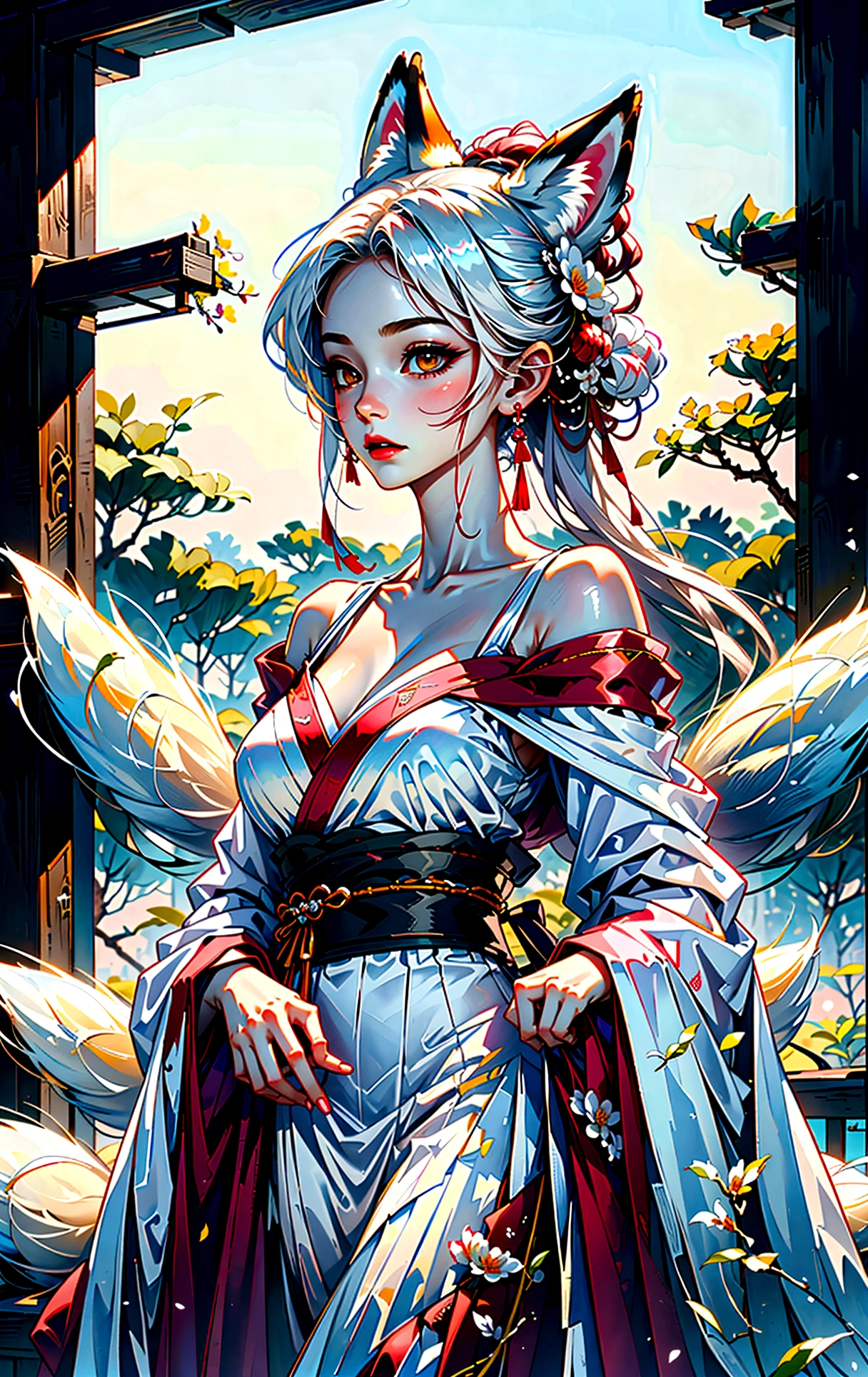 Masterpiece, best quality, full body shot (head and feet in the frame)(highly precise drawing down to the smallest detail)(extremely precise representation)(anatomically correct)a breathtakingly beautiful japanese yokai kitsune (fox goddess) relaxing and showing friendly her fangs with a white foxmask in her hand(very athletic human body, fox ears, more than 3 foxtails)) dressed in peach-magenta-white hanfu clothing worthy of a goddess with a beautiful headdress, fit, small breasts, paper lanterns and peonies, very detailed images, extremely detailed, complicated details, high resolution, super complex details, mfbp1,huli,fox ear,vampy fang