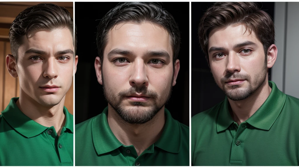 mascot, naughty man, without mustache, sem beard, skin fair, electrical technician, green polo shirt, in different poses.