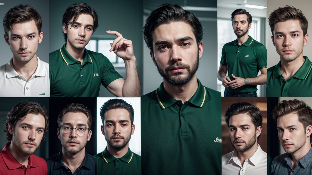 mascot, naughty man, without mustache, sem beard, skin fair, electrical technician, green polo shirt, in different poses.