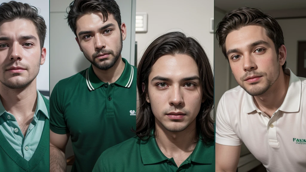 mascot, naughty man, without mustache, sem beard, skin fair, electrical technician, green polo shirt, in different poses.