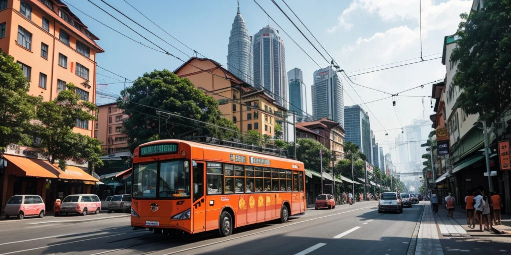 infographic of orange trolleybuses from switzerland in kuala lumpur city with the overhead wires, buildings, vehicles, trees and people