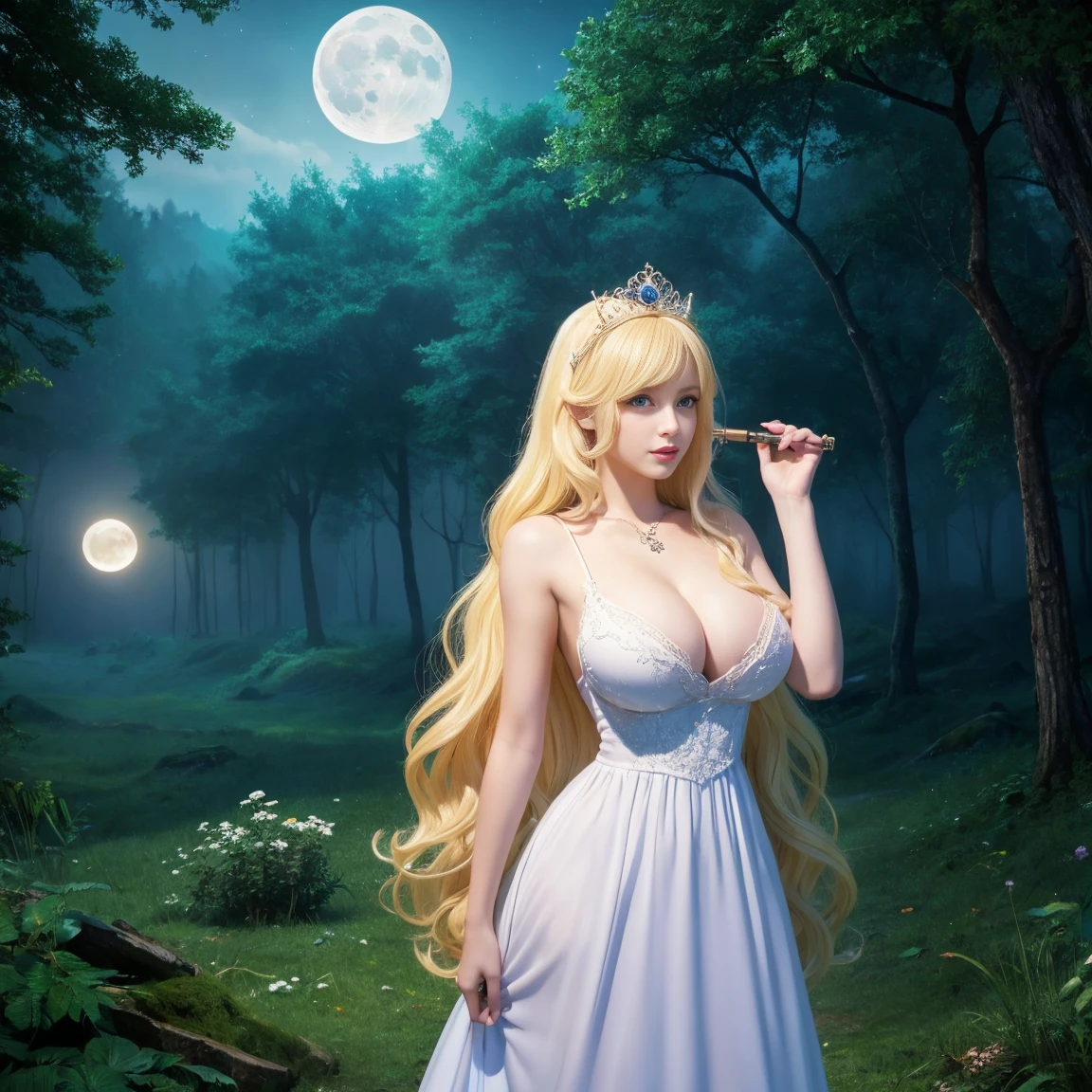 Princess (Blonde, wearing long dresses, Have a magic wand), background (forest, moon), gigantic tits 