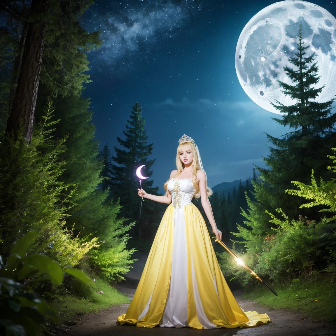 Princess (Blonde, wearing long dresses, Have a magic wand), background (forest, moon), gigantic tits 