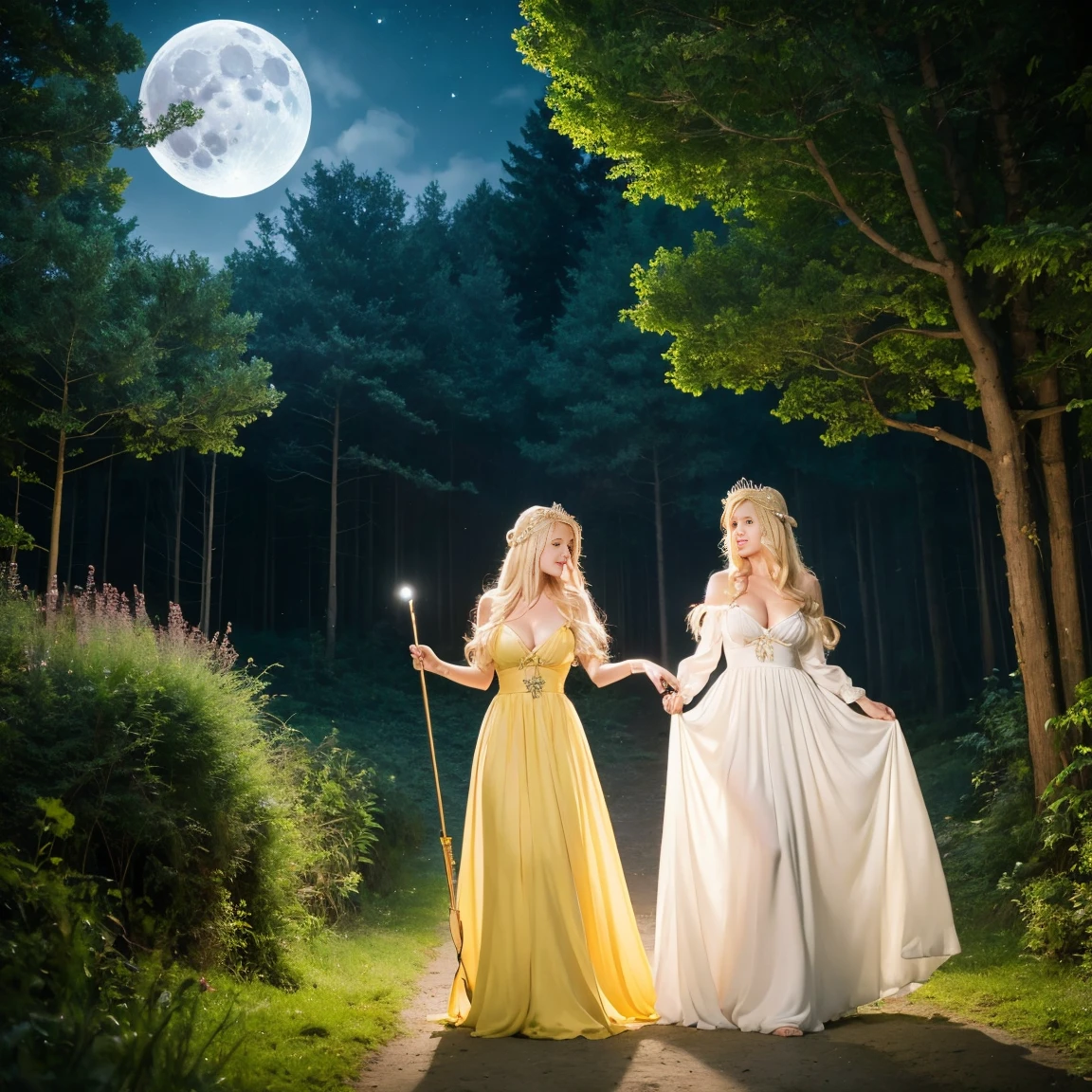 Princess (Blonde, wearing long dresses, Have a magic wand), background (forest, moon), gigantic  