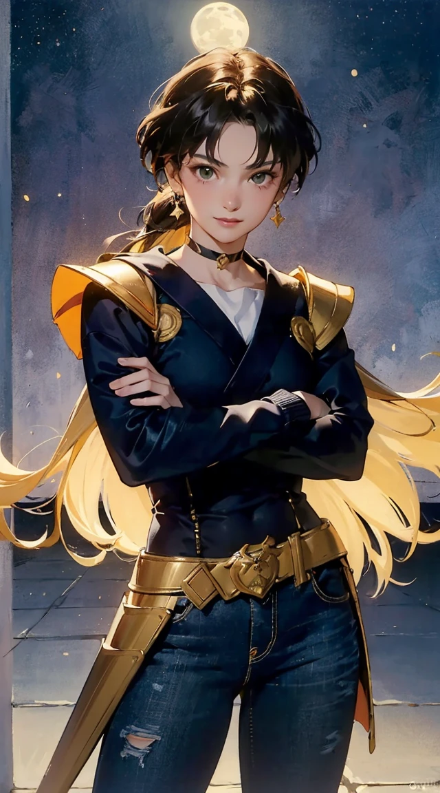 (inner, armor:1.4),tiny, (young, 19 years old), cute, masterpiece, high quality, HD, cinematic still, , ((cell shading)), vivid colors, ambient lighting, ultra-detailed, illustration, colorful, best quality, highres, best shadow, best illumination, finely detail, 4k, (extremely detailed), (8k wallpaper), (best quality), hard lighting, (tracing) The main character is Usagi Tsukino, a clumsy and seemingly ordinary teenage girl who discovers that she is the reincarnation of Sailor Moon, the legendary warrior of love and justice. Usagi is joined by other Sailor Guardians, including Sailor Mercury, Sailor Mars, Sailor Jupiter, and Sailor Venus, each of whom possesses unique powers and abilities. Together, they fight evil forces, protect the world from various threats, and search for the Moon Princess. cybermisty, blonde hair, make up, green eyes, choker, jewellery, wearing a purple sweater, ripped jeans, pants, looking at viewer, serious, smiling,
standing, arms crossed, inside a pawn shop, counter, soft lighting, extreme detail, masterpiece,