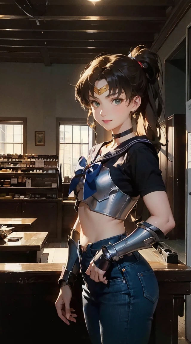 (inner, armor:1.4),tiny, (young, 19 years old), cute, masterpiece, high quality, HD, cinematic still, , ((cell shading)), vivid colors, ambient lighting, ultra-detailed, illustration, colorful, best quality, highres, best shadow, best illumination, finely detail, 4k, (extremely detailed), (8k wallpaper), (best quality), hard lighting, (tracing)　　The main character is Usagi Tsukino, a clumsy and seemingly ordinary teenage girl who discovers that she is the reincarnation of Sailor Moon, the legendary warrior of love and justice. Usagi is joined by other Sailor Guardians, including Sailor Mercury, Sailor Mars, Sailor Jupiter, and Sailor Venus, each of whom possesses unique powers and abilities. Together, they fight evil forces, protect the world from various threats, and search for the Moon Princess. cybermisty, blonde hair, make up, green eyes, choker, jewellery, wearing a purple sweater, ripped jeans, pants, looking at viewer, serious, smiling,
standing, arms crossed, inside a pawn shop, counter, soft lighting, extreme detail, masterpiece, 
