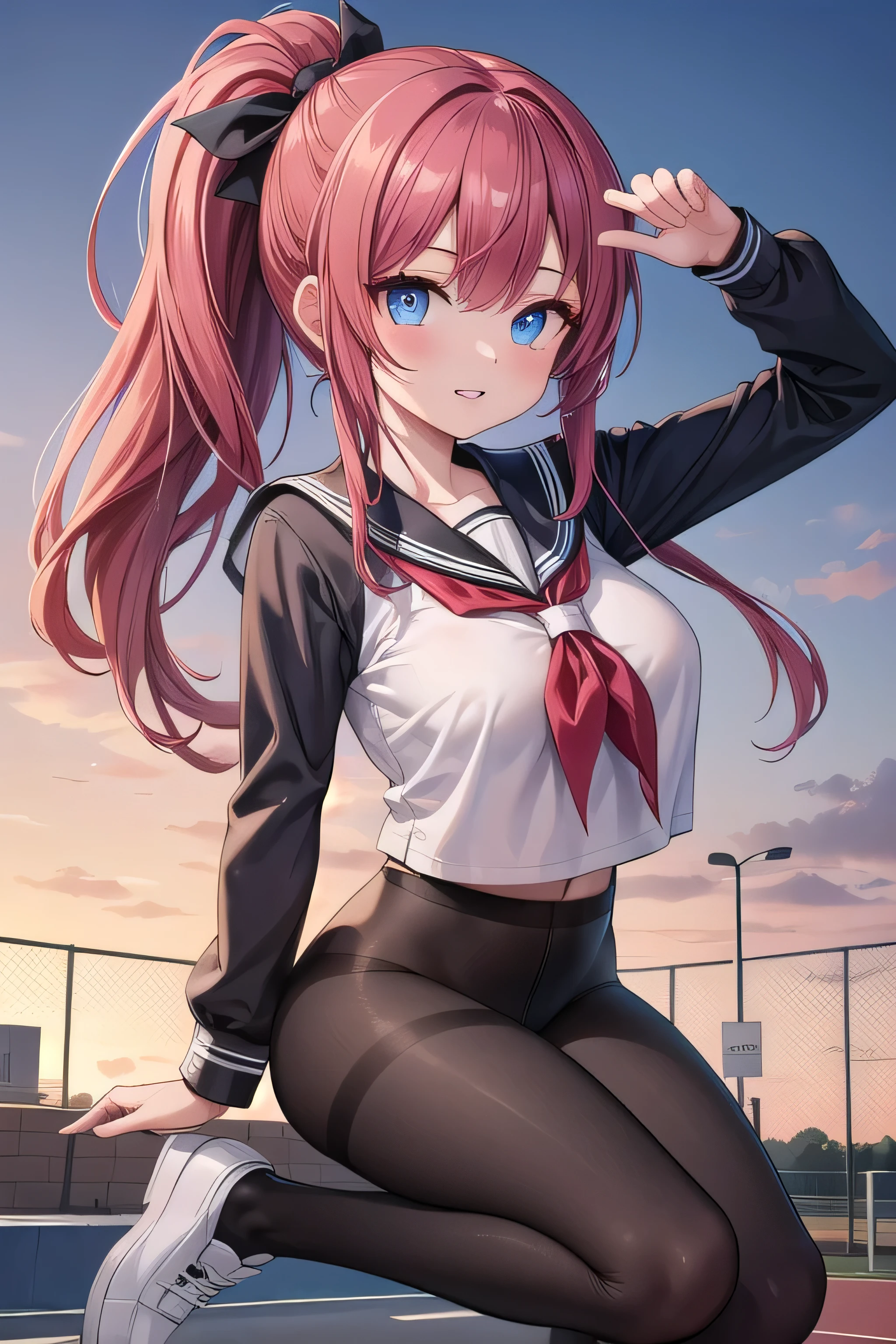 最high quality、high quality、best image quality、8K、最High resolution、High resolution、最high quality、masterpiece、whole body photos、 skin in every detail、 face in every detail、 eyes in every detail、 lips in every detail、 teeth in every detail、 ears with attention to detail、 hair with detailed details、arms with attention to detail、 hands with attention to detail、 fingers with attention to detail、 (fine hands、thumb1reference4)、 legs with attention to detail, feet with attention to detail, 8k, ultra HD, sharp focus, details hair, beautiful hair, details face, beautiful detail eye, details pupil, perfect hand, vibrant colours, soft lighting.
1girl, long hair, hair accessory, double colour hair , single ponytail hair, blue-red hair, radiant blue eyes, glow eyes, massive giant , small thigh, slim body, serafuku, black clothes, pantyhose , random shoes,
at school, school roof top, training track, fence, wind blows, sunset, evening, clear sky,