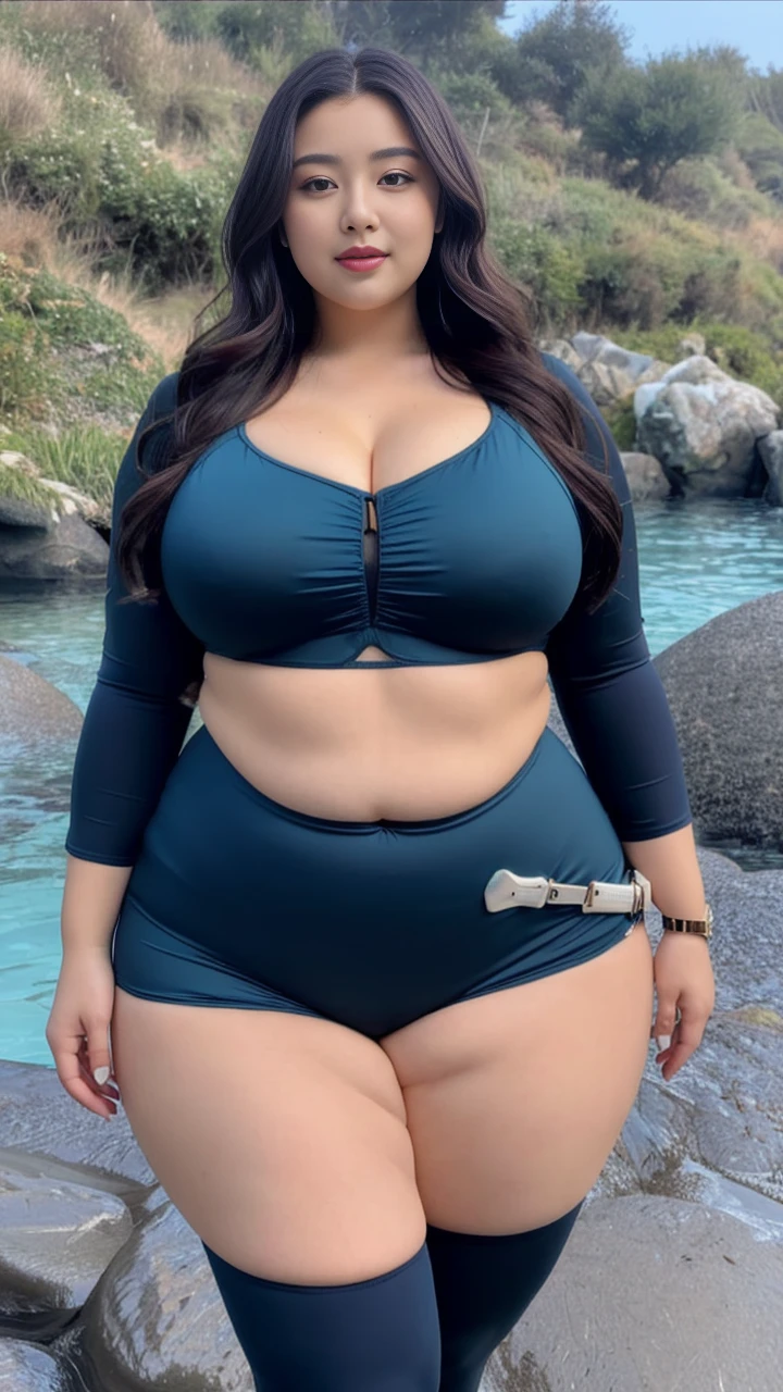((best quality)), ((masterpiece)), (detailed), perfect face, araffeTight skirtsShort , thicc, wavy short hair, she has a jiggly fat round belly, bbwchan, wearing tight simple clothes, skinny waist and thick , widest , her belly is fat and round, soft  shape, hyperrealistic full figure, wearing a cute top, wide , Blue ,On the beach by the seaBlue