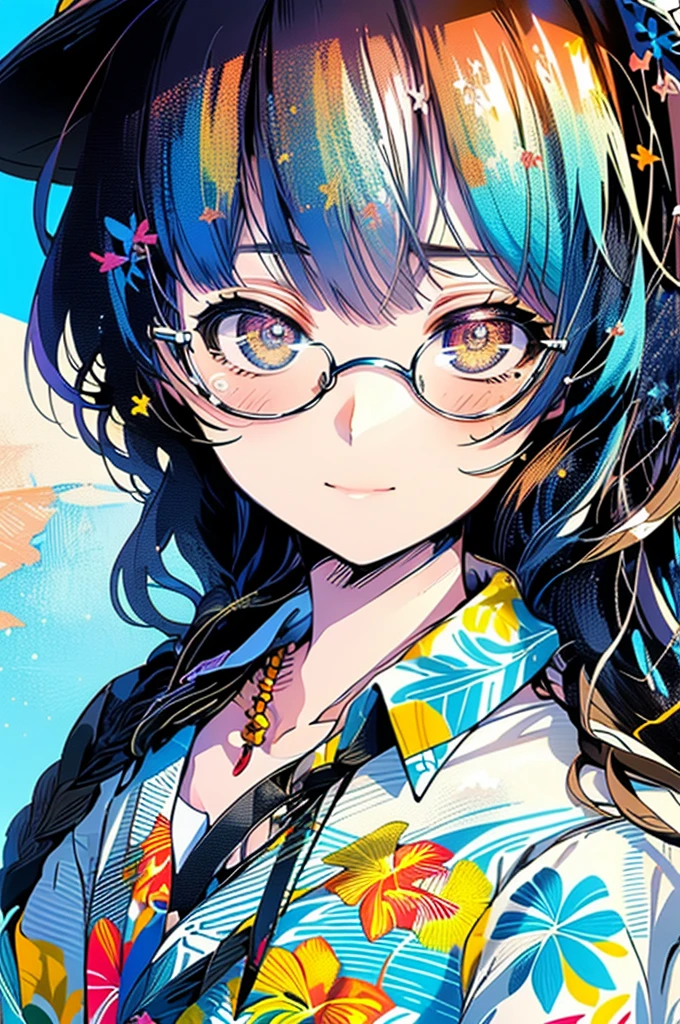 (Highest quality,High resolution:1.2),Super detailed,(Realistic:1.37),1 Female,alone,Hip Up,View the viewer,Detailed face,Colorful Summer Wear,Vibrant,((Aloha Shirt)),Beach,Golden Hour Lighting, Colored glasses,,In a completely different expression