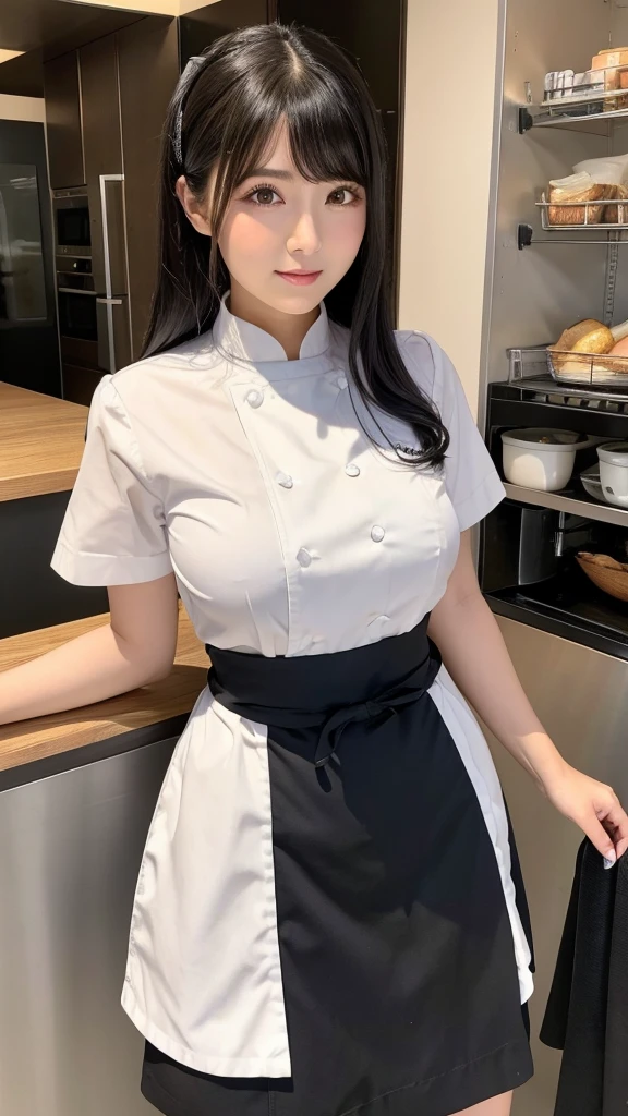 A beautiful black-haired woman transformed into a Sukiya waitress is standing with a beef bowl