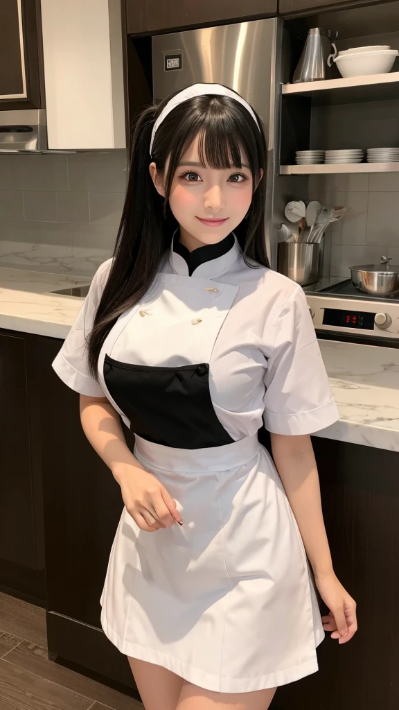 A beautiful black-haired woman transformed into a Sukiya waitress is standing with a beef bowl