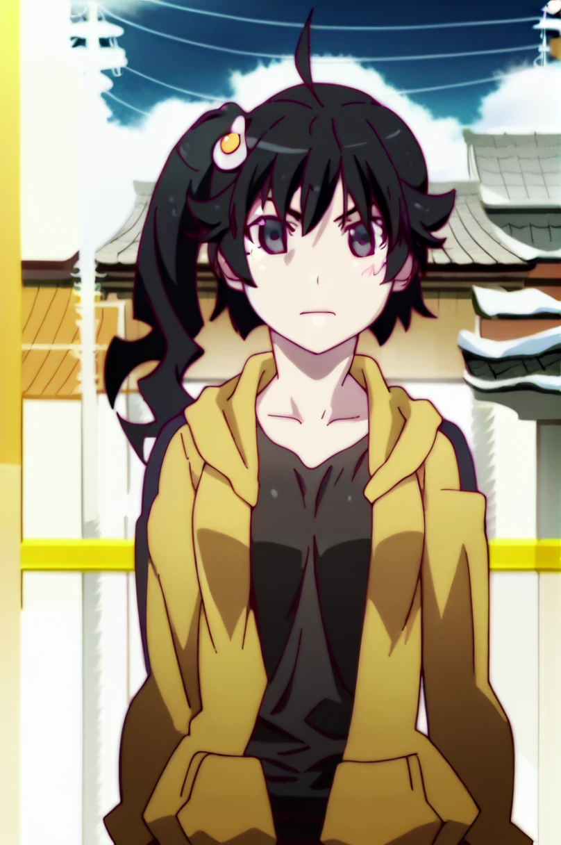 anime screencap, core_9,score_8_up,score_7_up, source_anime, araragi karen,black hair,ahoge,black eyes,side ponytail,egg hair ornament,upper_body, medium breasts, yellow hooded track jacket,bakemonogatari style, 