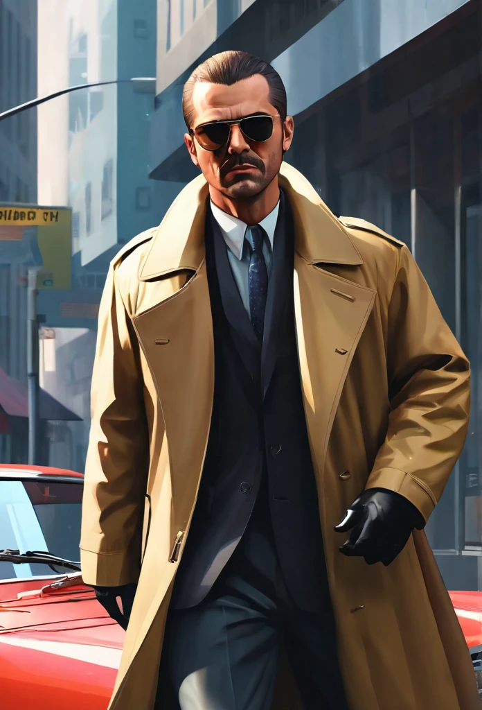 GTA style，Rob a bank , bank , dollar , chumbo masculino，shotgun, wind coat，sun glasses，The Car，Future city streets，retro artstyle，shadows  and highlights，hight contrast，crime and danger、Tension and suspense、avant-garde and ralowing reflections、glomy、evocative composition。(best quality,4k,8k,highres,masterpiece:1.2),ultra-detailed,(realistic,photorealistic,photo-realistic:1.37)