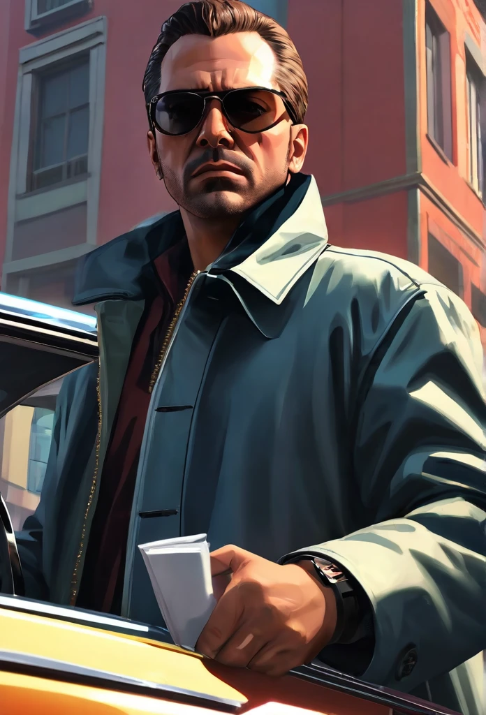 GTA style,Rob a bank , bank , dollar , chumbo masculino,shotgun, wind coat,sun glasses,The Car,Future city streets,retro artstyle,shadows and highlights,hight contrast,crime and danger、Tension and suspense、avant-garde and ralowing reflections、glomy、evocative composition。(best quality,4k,8k,highres,masterpiece:1.2),ultra-detailed,(realistic,photorealistic,photo-realistic:1.37)