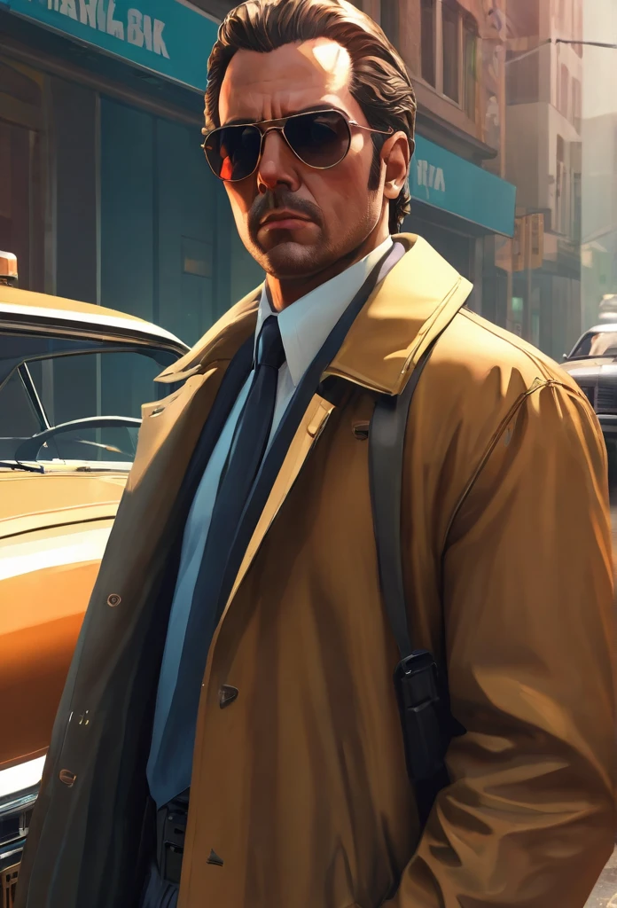 GTA style,Rob a bank , bank , dollar , chumbo masculino,shotgun, wind coat,sun glasses,The Car,Future city streets,retro artstyle,shadows and highlights,hight contrast,crime and danger、Tension and suspense、avant-garde and ralowing reflections、glomy、evocative composition。(best quality,4k,8k,highres,masterpiece:1.2),ultra-detailed,(realistic,photorealistic,photo-realistic:1.37)