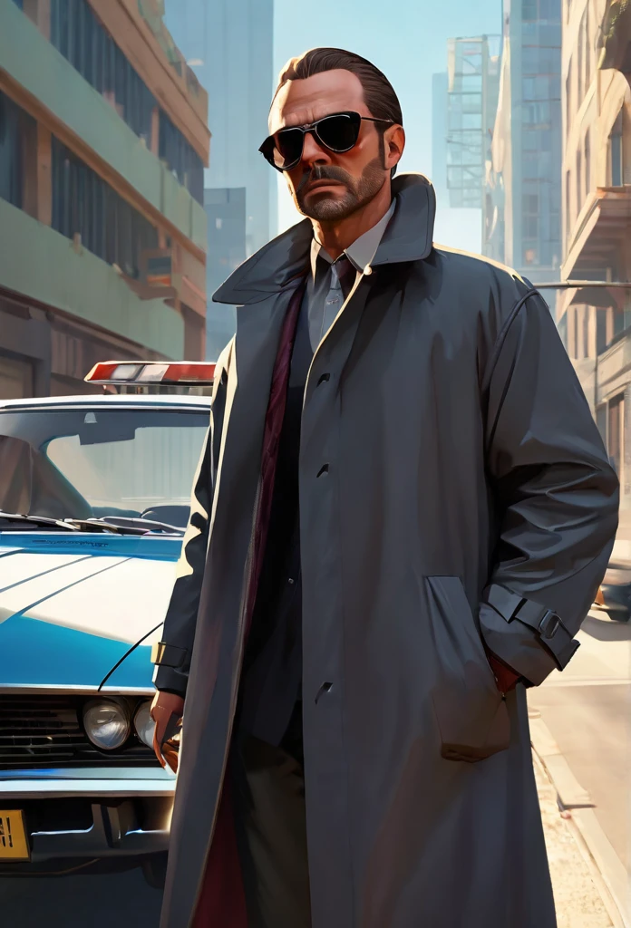 GTA style,Rob a bank , bank , dollar , chumbo masculino,shotgun, wind coat,sun glasses,The Car,Future city streets,retro artstyle,shadows and highlights,hight contrast,crime and danger、Tension and suspense、avant-garde and ralowing reflections、glomy、evocative composition。(best quality,4k,8k,highres,masterpiece:1.2),ultra-detailed,(realistic,photorealistic,photo-realistic:1.37)