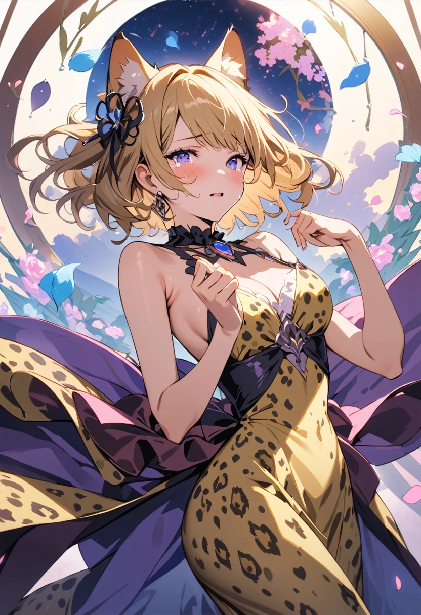 masterpiece, Highest quality, Illustrations for novels, High resolution, 18+ Adult content, Sensual, Intimate, Emotional, Passionate, romantic, sweet, Adorable, Innocent, Pure, Enchanting, Enchantingな, attractive, mysterious, Enchantingな, Enchanting, Immersive, Enchantingな, dream-like, Surreal, Imaginative, Whimsical, Artistic, Avant-garde, timeless, elegant, Sophisticated, chic, Sophisticated, Individuality, original, Enchantingな,(Cheetah Dress:1.3),((Beautiful Tears))