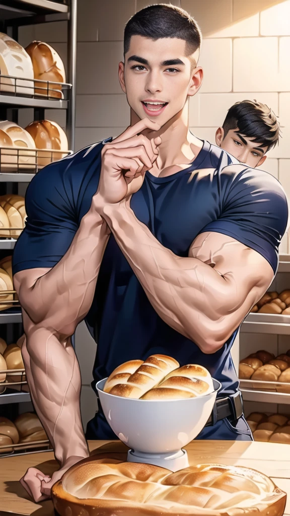 (handsome Man sitting on table eating bread ),(crew cut short hair:1.8),black eye,(Wear a fitted round neck t-shirt in navy with a police badge.:1.5),(fit neck),Navy blue jeans,(black_gloves:1.2), Korean guy,chest muscles,large arm muscles,blood vessel,Big muscles,Broad shoulders, (open mouth:1.2),(face up:1.2),(open eyes:1.5), middle of the road,smile, In the bread shop,