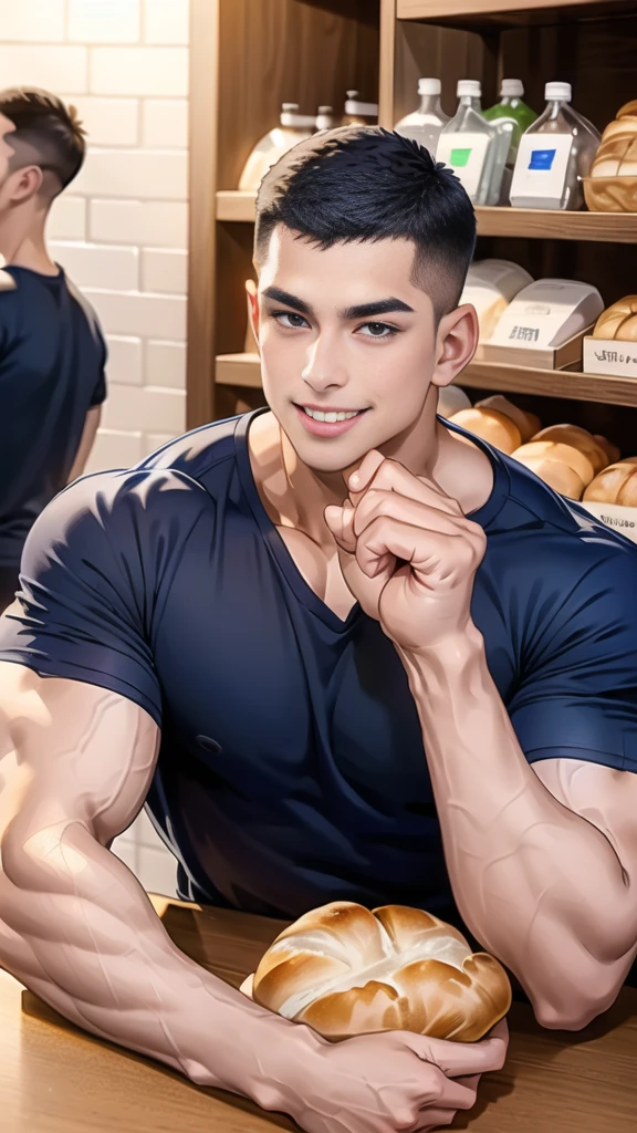(handsome Man sitting on table eating bread ),(crew cut short hair:1.8),black eye,(Wear a fitted round neck t-shirt in navy with a police badge.:1.5),(fit neck),Navy blue jeans,(black_gloves:1.2), Korean guy,chest muscles,large arm muscles,blood vessel,Big muscles,Broad shoulders, (open mouth:1.2),(face up:1.2),(open eyes:1.5), middle of the road,smile, In the bread shop,