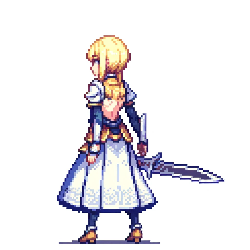 Pixel Art, Big Sword, cute,Back view,Highest quality,One Girl,Fantasy,whole body,White background,Blonde,shield