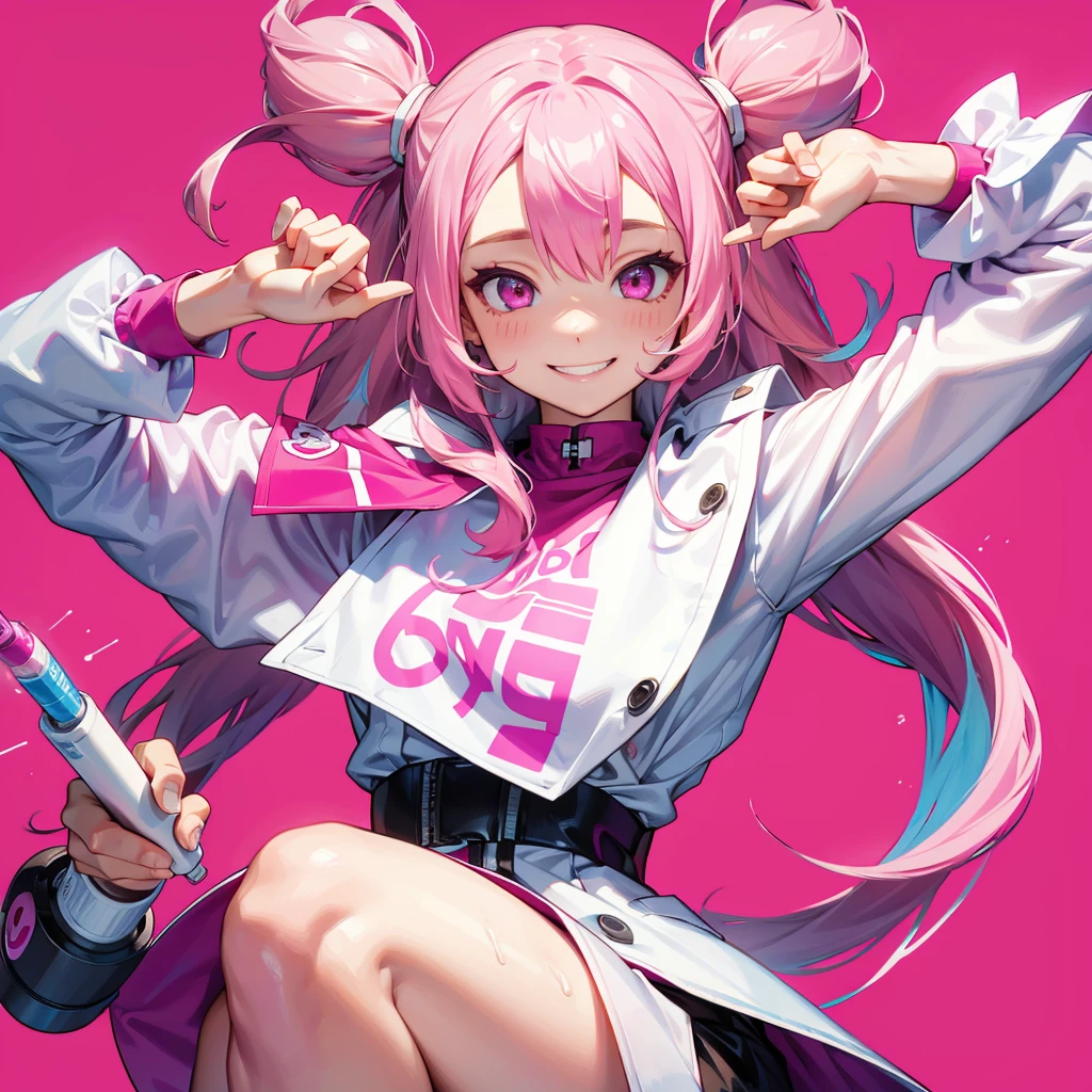 1girl、Dynamic composition、((Perspective Lens, A woman with long white and pink hair, Dynamic pose with a cute smiling face, He is holding a syringe bigger than himself towards the viewer.)) ((Pure Magenta Background:1.2)),Looks like she&#39;s in her early 20s,Shooting in mid-motion,With her long braided hair fluttering. Her outfit is a nurse&#39;s uniform,cleavage surgical nurse,  nurse cap, 、Black and deep pink color palette,And she&#39;s casually throwing money around,Be playful.,Super huge、detailed、Heart Injection、