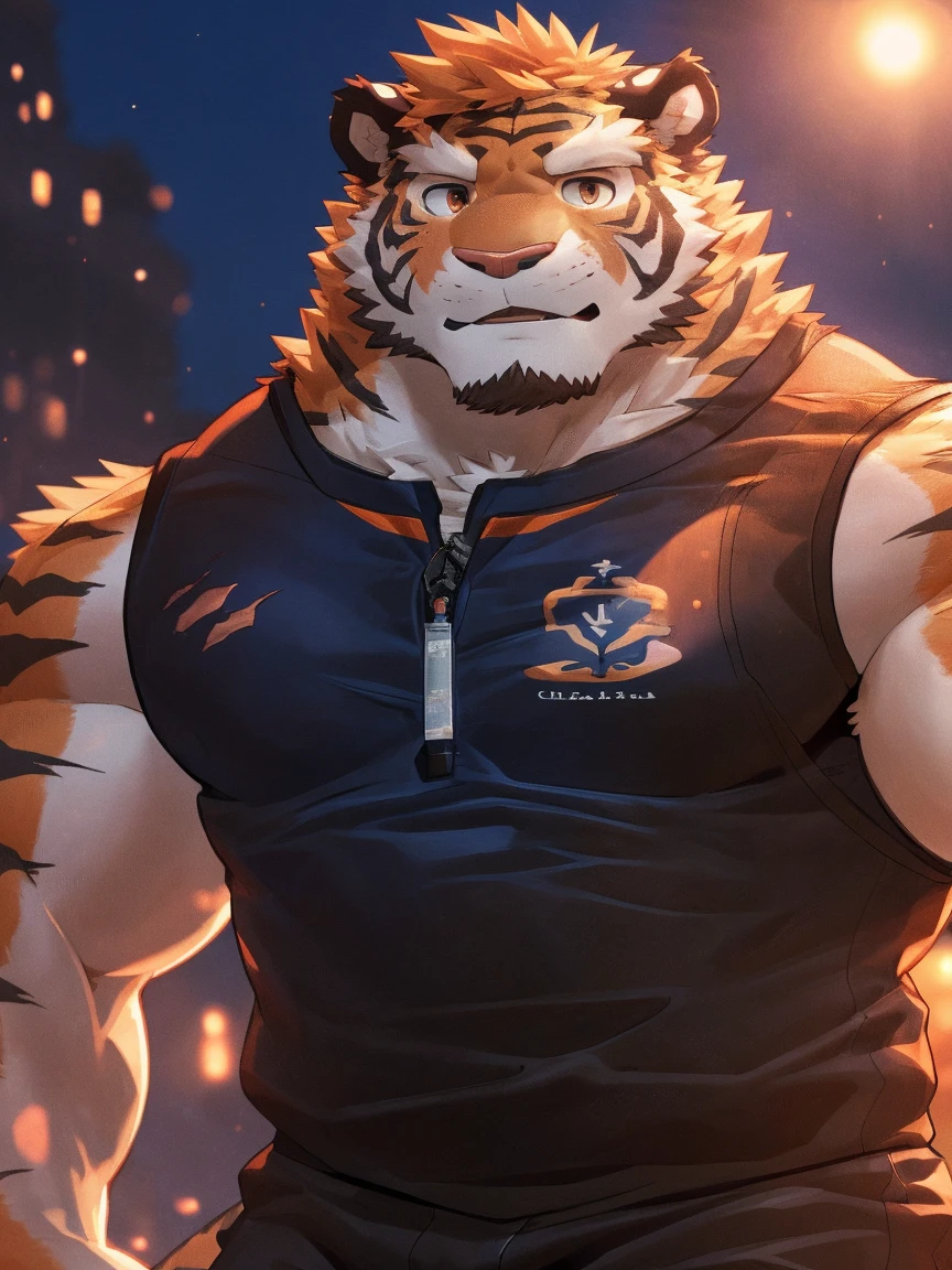 human nature, Wildlife, male,18 years old， solitary, ((Round Face, The face is plump,Orange eyes,Thick orange hair，With scars)), ((Endomorph, Handsome，Hot Blood)), (Sportswear，Clothes Damaged), ((domestic tiger, tiger，) Fluffy fur, Fluffy), Bokeh, (high quality, high resolution, masterpiece), (Dynamic Lighting, Vibrant colors), (Revitalize，Injuried，Disdain), Full body picture (close up), cartoon, author：Takemoto Arashi, From zixiong, By Chunni, author：Empty Ghost，（background：Snowy cities）