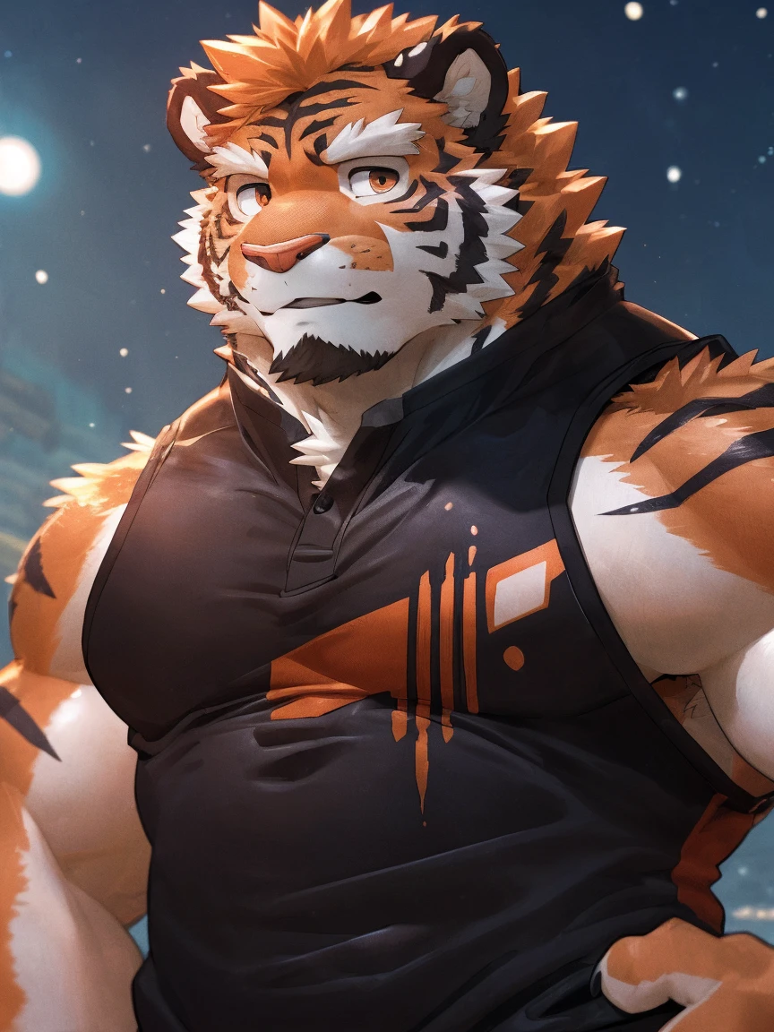 human nature, Wildlife, male,18 years old， solitary, ((Round Face, The face is plump,Orange eyes,Thick orange hair，With scars)), ((Endomorph, Handsome，Hot Blood)), (Sportswear，Clothes Damaged), ((domestic tiger, tiger，) Fluffy fur, Fluffy), Bokeh, (high quality, high resolution, masterpiece), (Dynamic Lighting, Vibrant colors), (Revitalize，Injuried，Disdain), Full body picture (close up), cartoon, author：Takemoto Arashi, From zixiong, By Chunni, author：Empty Ghost，（background：Snowy cities）