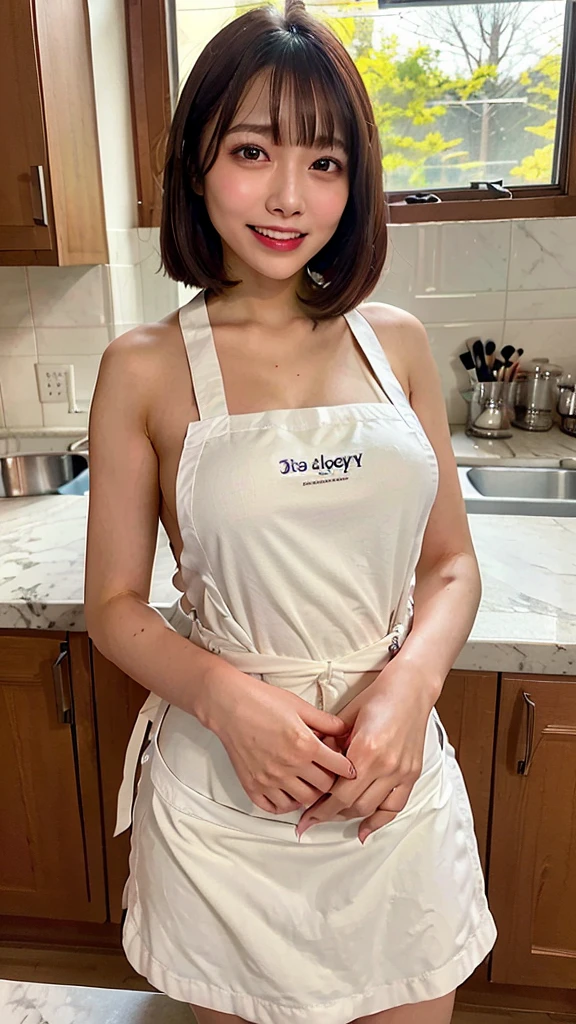 floating hair, smile, light smile, depth of field, UHD, masterpiece, anatomically correct, best quality,highest quality,Photo quality,Ultra-high resolution,Professional Lighting,************,Beautiful face 、Amazingly cute、(((Naked Apron)))、The bra is visible through、kitchen、Cooking,(big Droopy eyes, Natural Makeup、Ultra-high definition beauty face:1.35)、(Ultra high resolution perfect beautiful teeth, Mid-chest, Tight waist,toothy smile:1.15)、Use natural light and color,lity glossy red lips