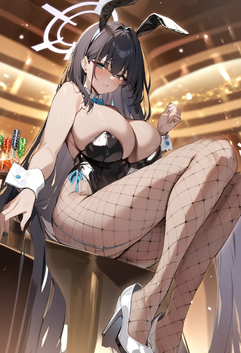 {{{Ichinose Asuna、Blonde、long hair、hair over one eye、Light blue bunny suit}}}、{{{Ganyu Ako、Light blue hair、Short Hair、Light blue eyes、Light blue bunny suit}}}、{{{Hasumi Hakawa、Black Hair、long hair、Black Eyes、White bunny suit}}}、4girls