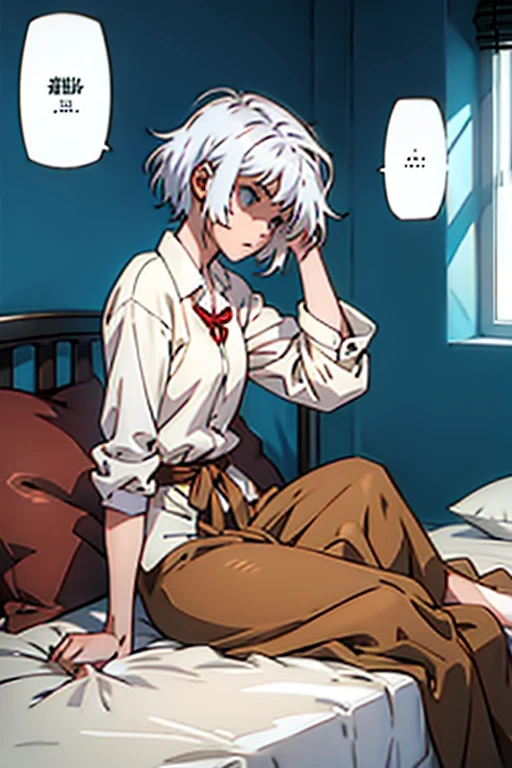 Girl with short white hair small and really skinny, sitting on a bed sick , manga page with panels and dialogue