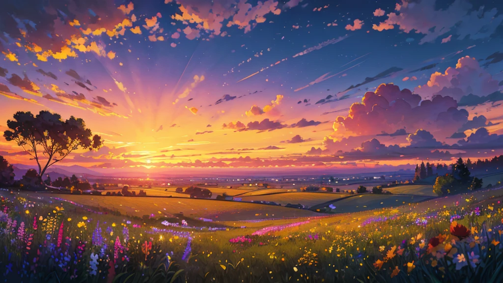 (best quality,highres,masterpiece:1.2),ultra-detailed,realistic:1.37,a beautiful image,a field of flowers,a sunset view,low angle view,focus on flowers and grass,sunset colors,vibrant colors,warm tones,soft lighting,subtle shadows,paint-like rendering,impressionistic style,field of wildflowers,waving grass,peaceful atmosphere,sunset glow,serene ambiance,tranquil setting,immersive perspective,nature beauty,breathtaking scene.