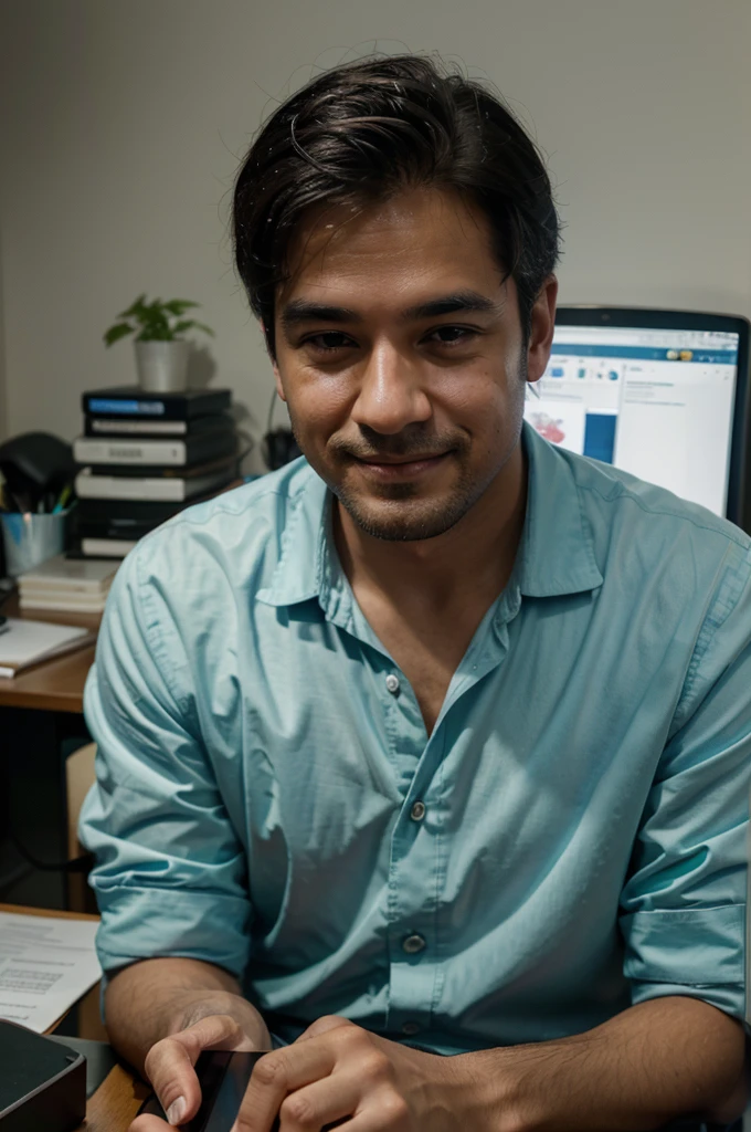 A man sits at his desk in a brightly lit office, surrounded by piles of documents and computer screens lit up with various unread emails. However, instead of working, he was busy looking at his cellphone screen, His fingers are nimble typing messages and browsing social media. Occasionally he chuckled or smiled to himself, completely dissolved in the digital world, while the work he should have completed was simply neglected.