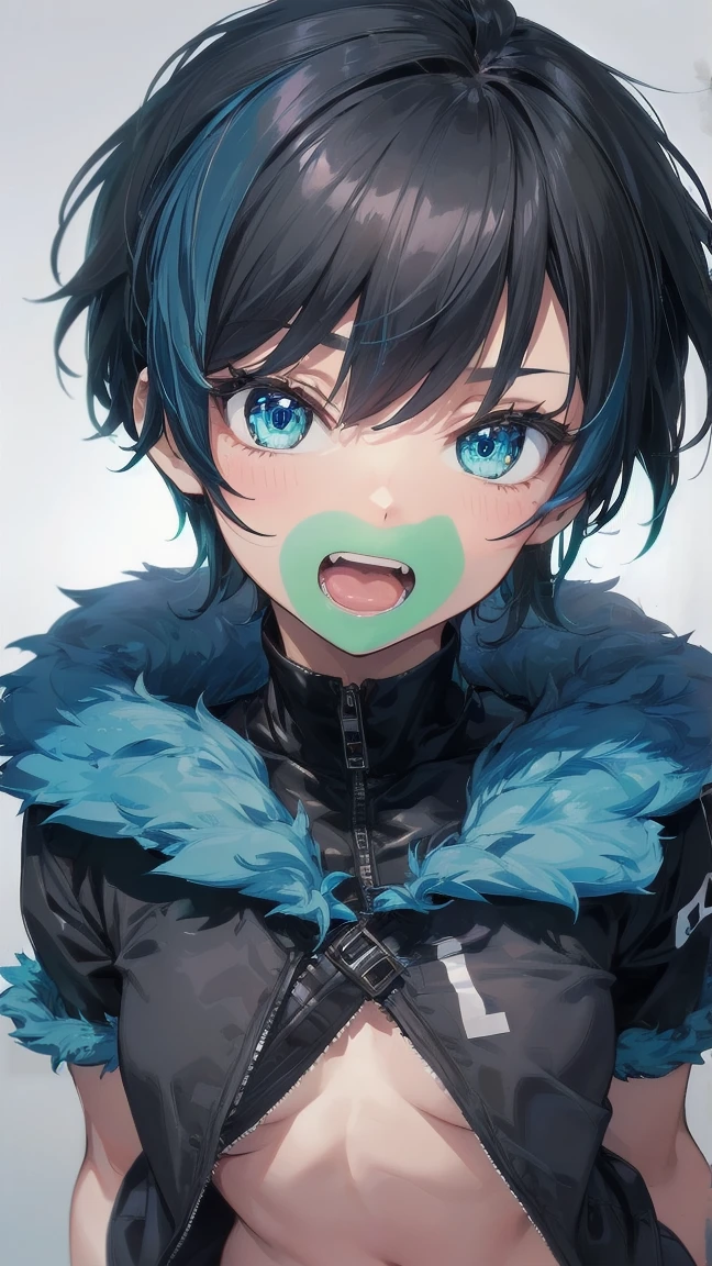 Close-up of a cartoon girl with blue hair and a yellow shirt, 2D Animation, 2D Animation style, 2D Art, 2D Art, 2D from Gorillaz, 2D from Gorillaz, 2D Gorillaz, Screaming Cerket, 2D Sprites, Jinx Face, short hair, hot pants, Small breasts, ((Black Hair, Bright blue fur inside:1.4))