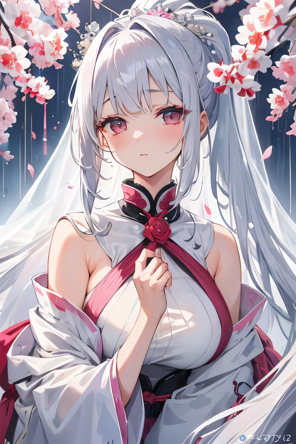 masterpiece, best quality, finely detailed, high resolution, maximalist, immaculate beauty, a 20-year-old chubby girl adorned with strong pink makeup, wearing a captivating white and red long-sleeved and closed Qipao. Her eyes, a striking shade of silver blue, are beautifully detailed with sensual and suggestive expressions hidden behind her long, silvery hair that cascades down as a long white ponytail. A light and transparent veil, filled with charm and seduction, partially covers her head, adding to her allure. The scene is set in a cherry grove under a late spring sunset, where leaves rain down, painting