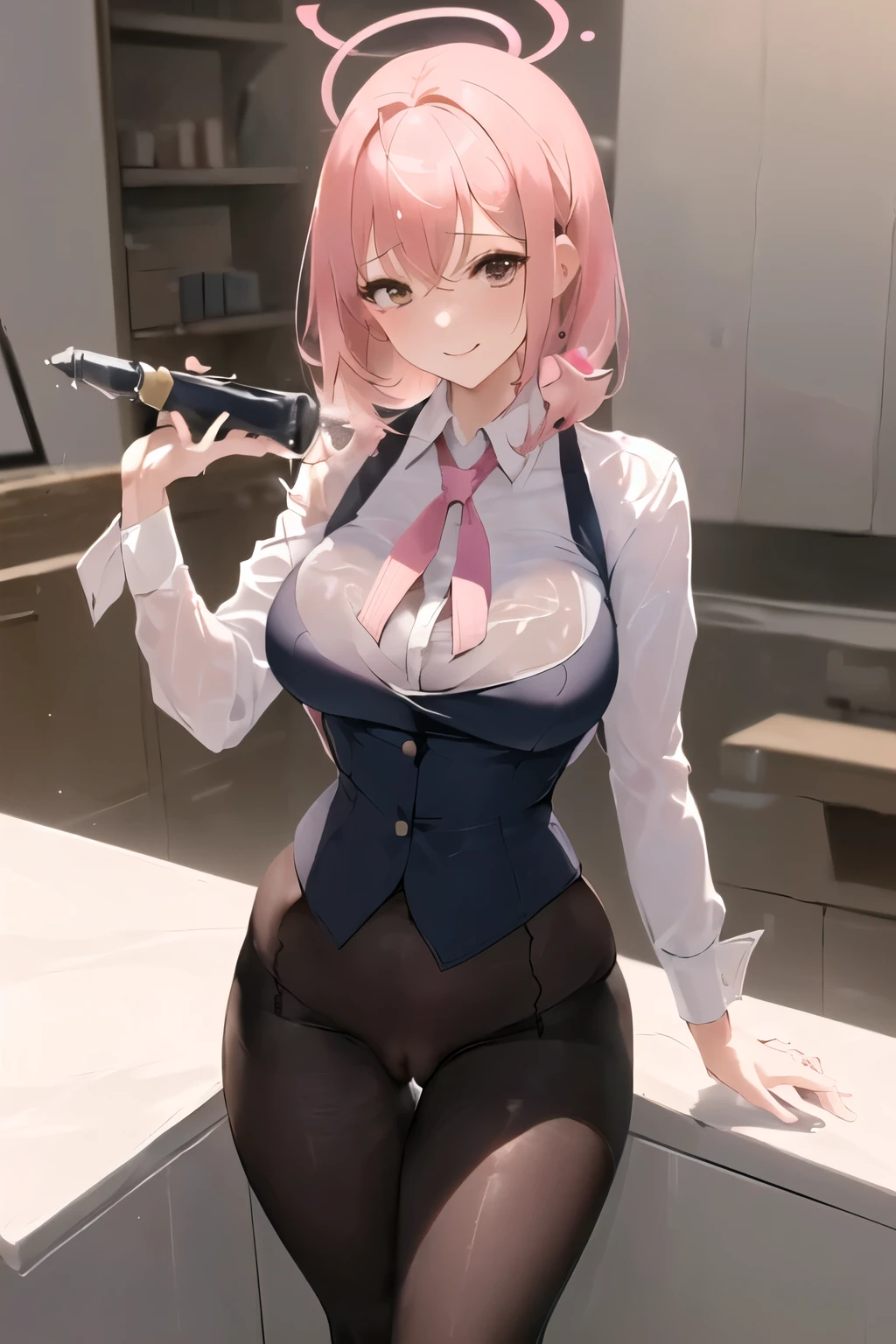 ((masterpiece, best quality)), (1girl),((mature female)), lightpink hair, halo, horn, ((office lady )),bangs,middle breast,(busty),slim,smile, [wide hips],office,standing, aru \(blue archive\), (((muestra su ))) ((())) ((( ))) ((())) ((( ))) ((())) (((miccionando))) ((()))