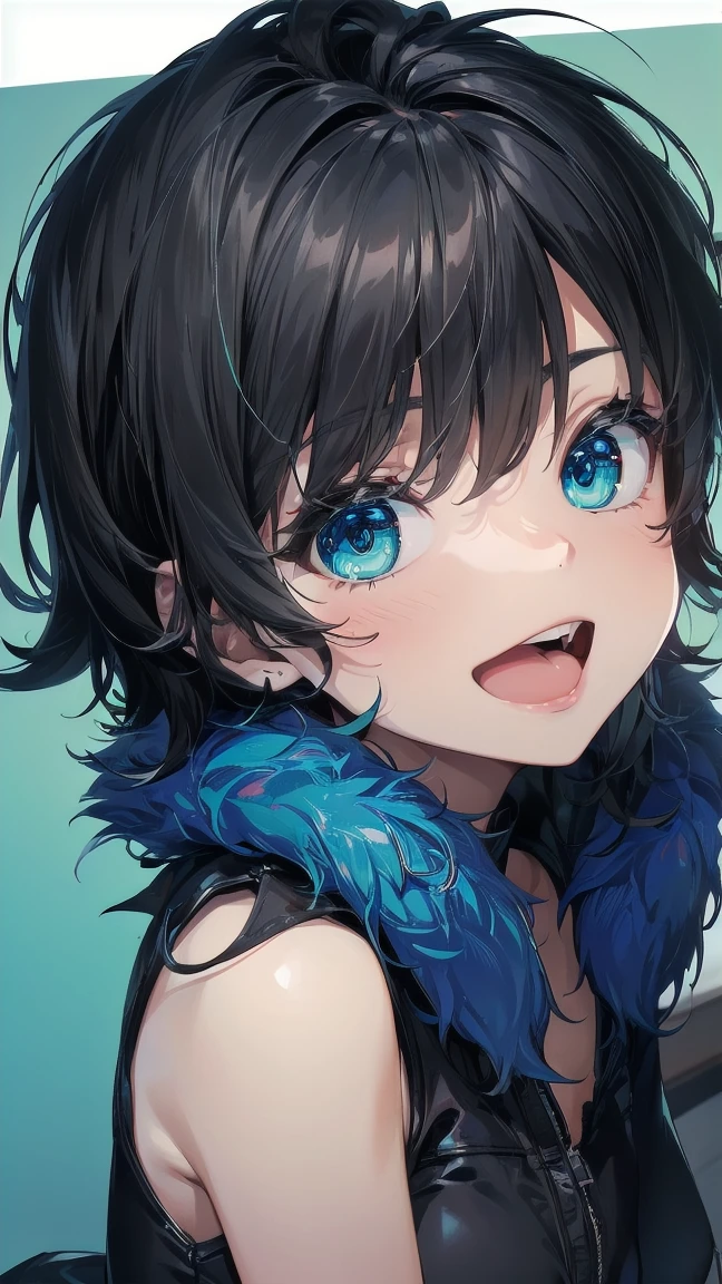 Close-up of a cartoon girl with blue hair and a yellow shirt, 2D Animation, 2D Animation style, 2D Art, 2D Art, 2D from Gorillaz, 2D from Gorillaz, 2D Gorillaz, Screaming Cerket, 2D Sprites, Jinx Face, short hair, hot pants, Small ???????, ((Black Hair, Bright blue fur inside:1.4))