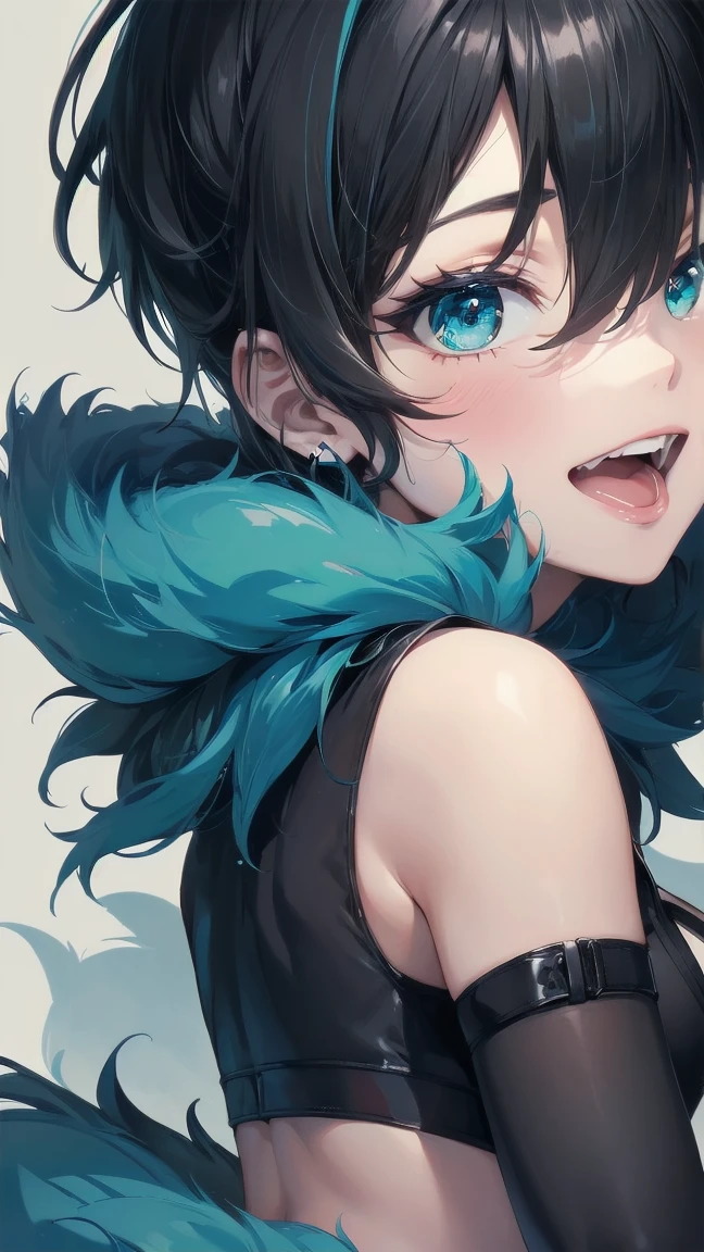 Close-up of a cartoon girl with blue hair and a yellow shirt, 2D Animation, 2D Animation style, 2D Art, 2D Art, 2D from Gorillaz, 2D from Gorillaz, 2D Gorillaz, Screaming Cerket, 2D Sprites, Jinx Face, short hair, Small breasts, hot pants, ((Black Hair, Bright blue fur inside:1.4))