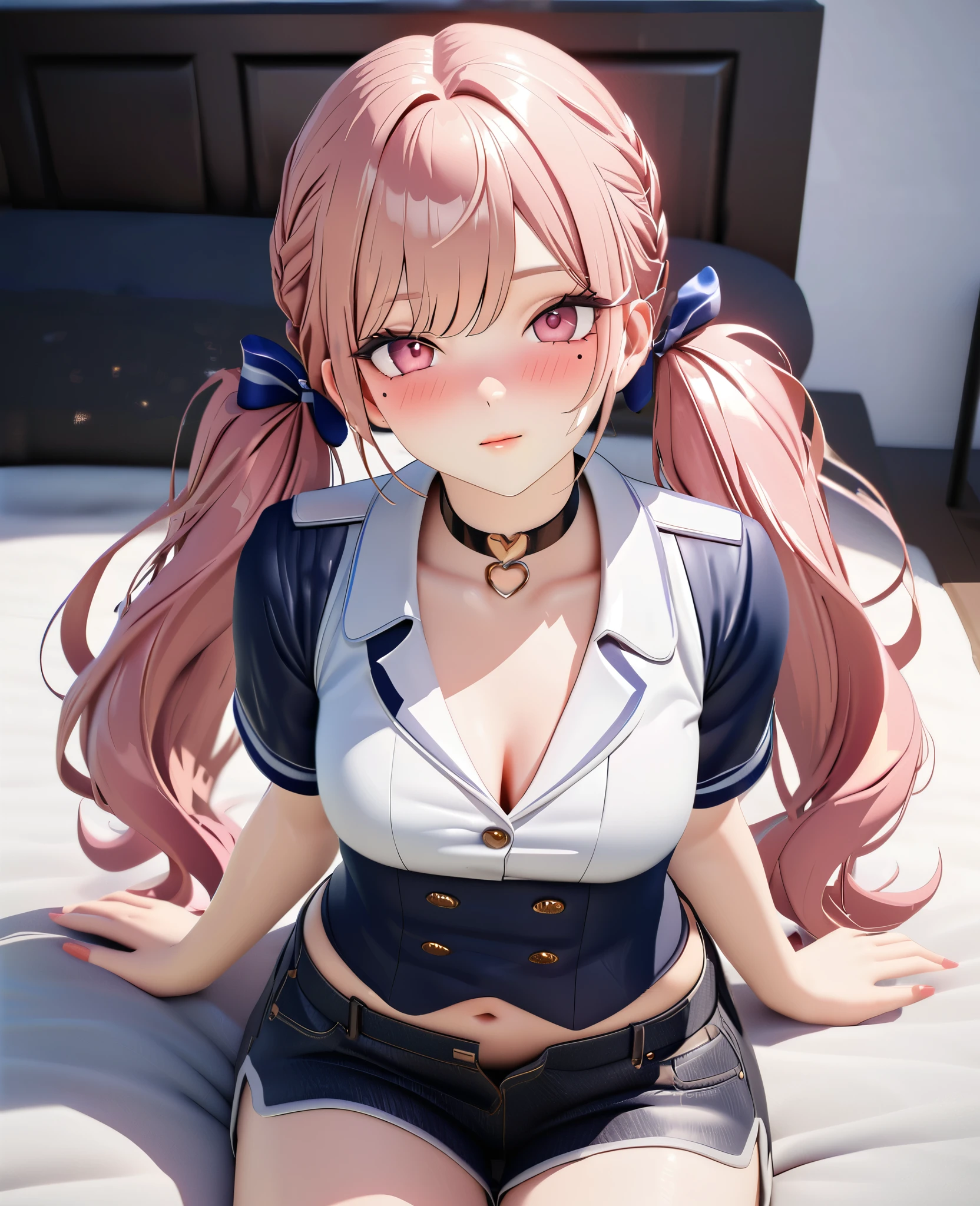 masterpiece, best quality, highly detailed, high resolution, expensive resolution, high resolution, 4K, 8k, uniform 8k wallpaper, highly detailed CG, masterpiece, 2D, 3D, beautiful details, depth, fine texture, best quality: 1.3, perfectly focused, crispy. skin, him, cute anime 20s girl, her name is Mei, idol, expensive brown short twin tails, mole under eye, looking at the viewer, cowboy shorts, expensive, blush, mole, plump lips, heart, pink eyes, heart shaped choker