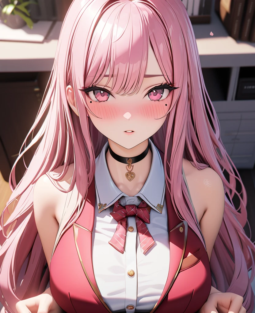 masterpiece, best quality, highly detailed, high resolution, expensive resolution, high resolution, 4k, 8k, Unity 8k wallpaper, highly detailed CG, masterpiece, 2d, 3d, beautiful details, depth, fine texture, best quality: 1.3, perfect focus, crispy skin, him, very cute anime 20s girl, sexy uniform in secretary department, big breasts, expensive pink medium long hair, secretary's office, mole under eye, looking at the viewer, expensive, blush, mole, parted lips, , heart, pink eyes, choker