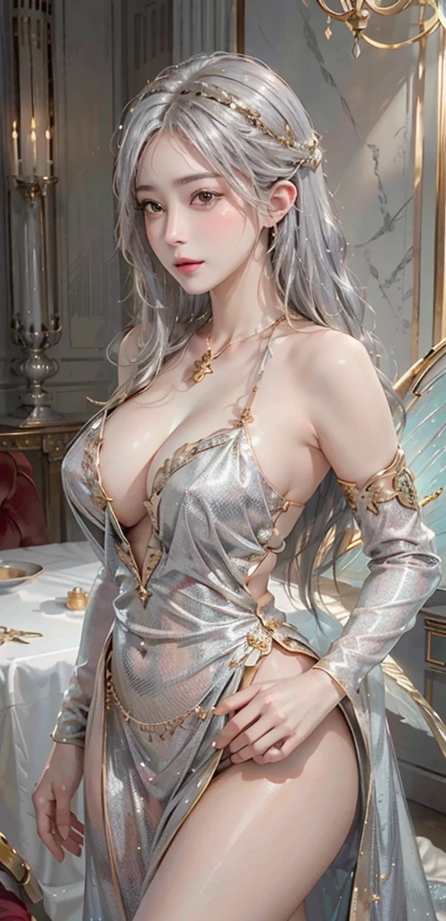 photorealistic, high resolution, soft light,1women, solo, hips up, shinning skin, (detailed face), jewelry, (((gold, silver, glimmer)), faerie), limited palette, contrast, phenomenal aesthetic, best quality, sumptuous artwork, elegant dress, huge round breasts, blonde hair, back view
