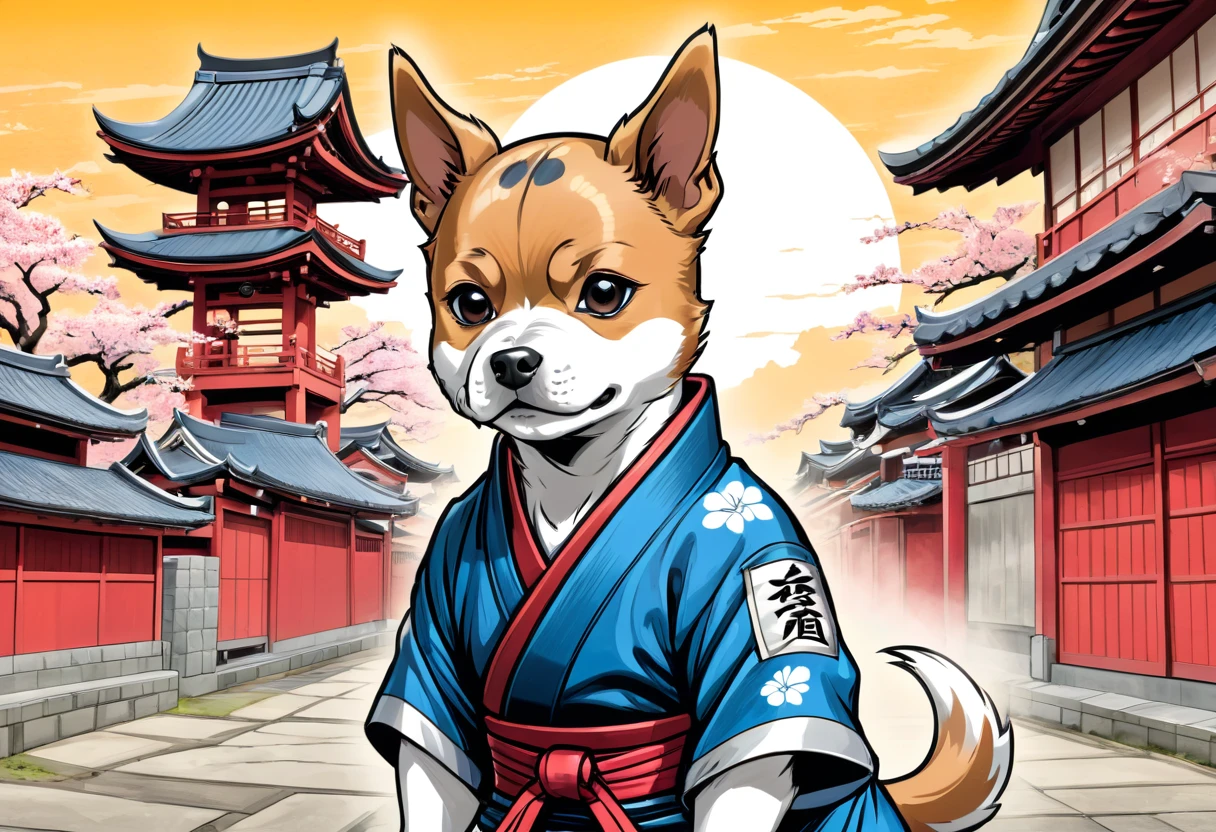 arte em tinta fina, comic style, portrait of japan, samurai Azawakh dog, samurai dog looking for the left, Glamour de Osaka, bela arte de linha, comic style, manga style, manga art style, pencil and ink caricature drawing, coloring, , other positions, corpo inteiro. Japan Background, Azawakh dog ninja, desenho colorido. Old japan sity in background