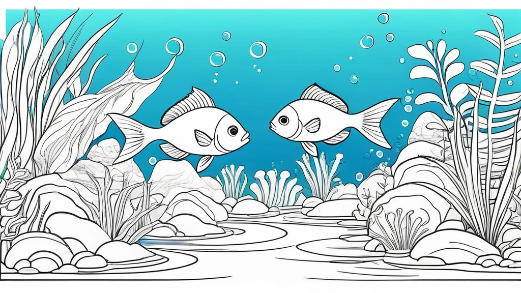a group of fish in aquascape scenery, coloring page for kids, happy, smiling, vector art, minimalistic, vector 2d, coloring page for beginners, vector illustration, pencil strokes, colorfull, drawing for coloring, pixar style,